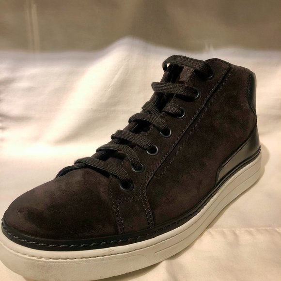 Prada High Top Sneaker Calfskin Suede Leather-Blue - Picture 3 of 7